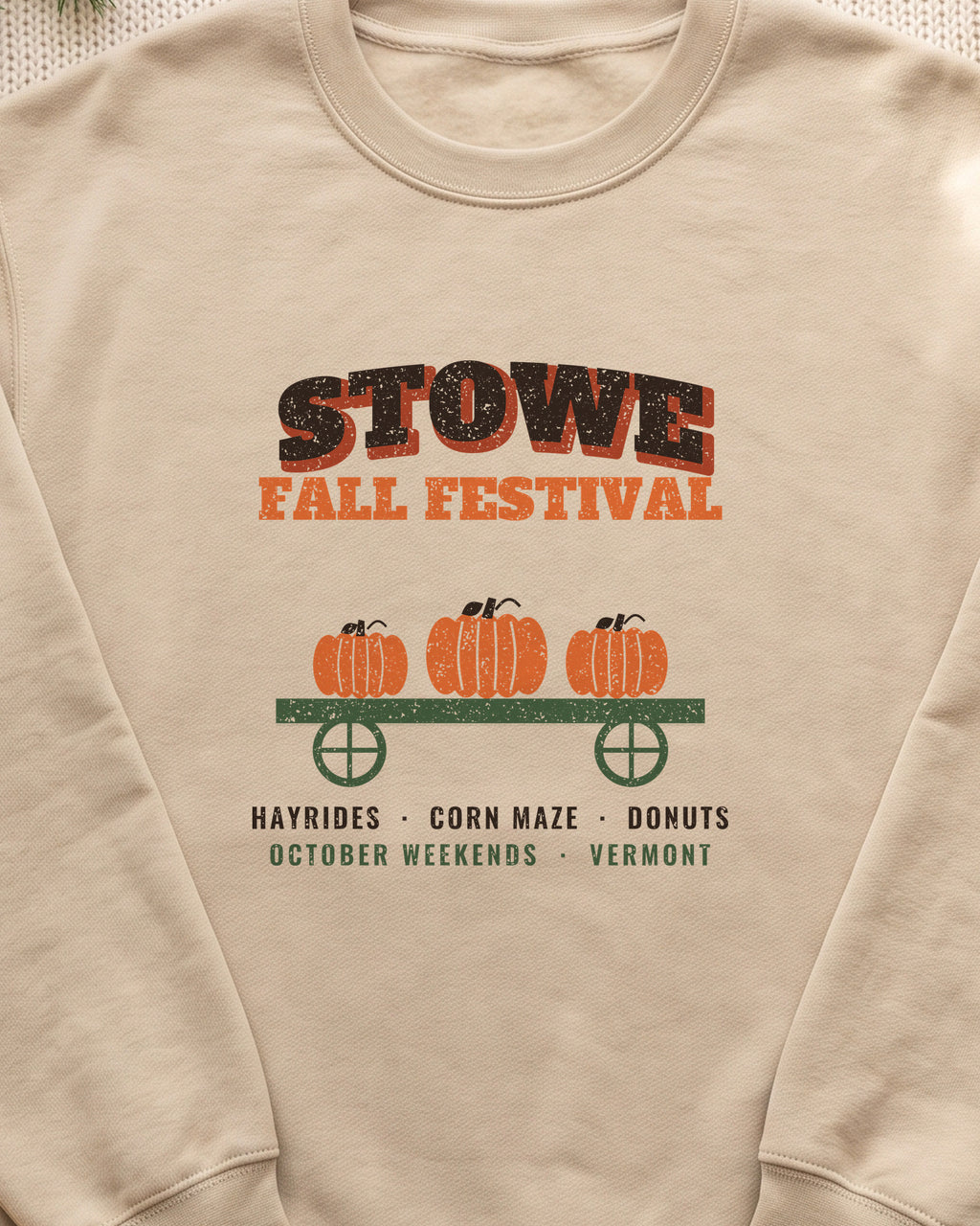 Stowe Vermont Fall Festival Hay Wagon Crewneck Sweatshirt (close-up)