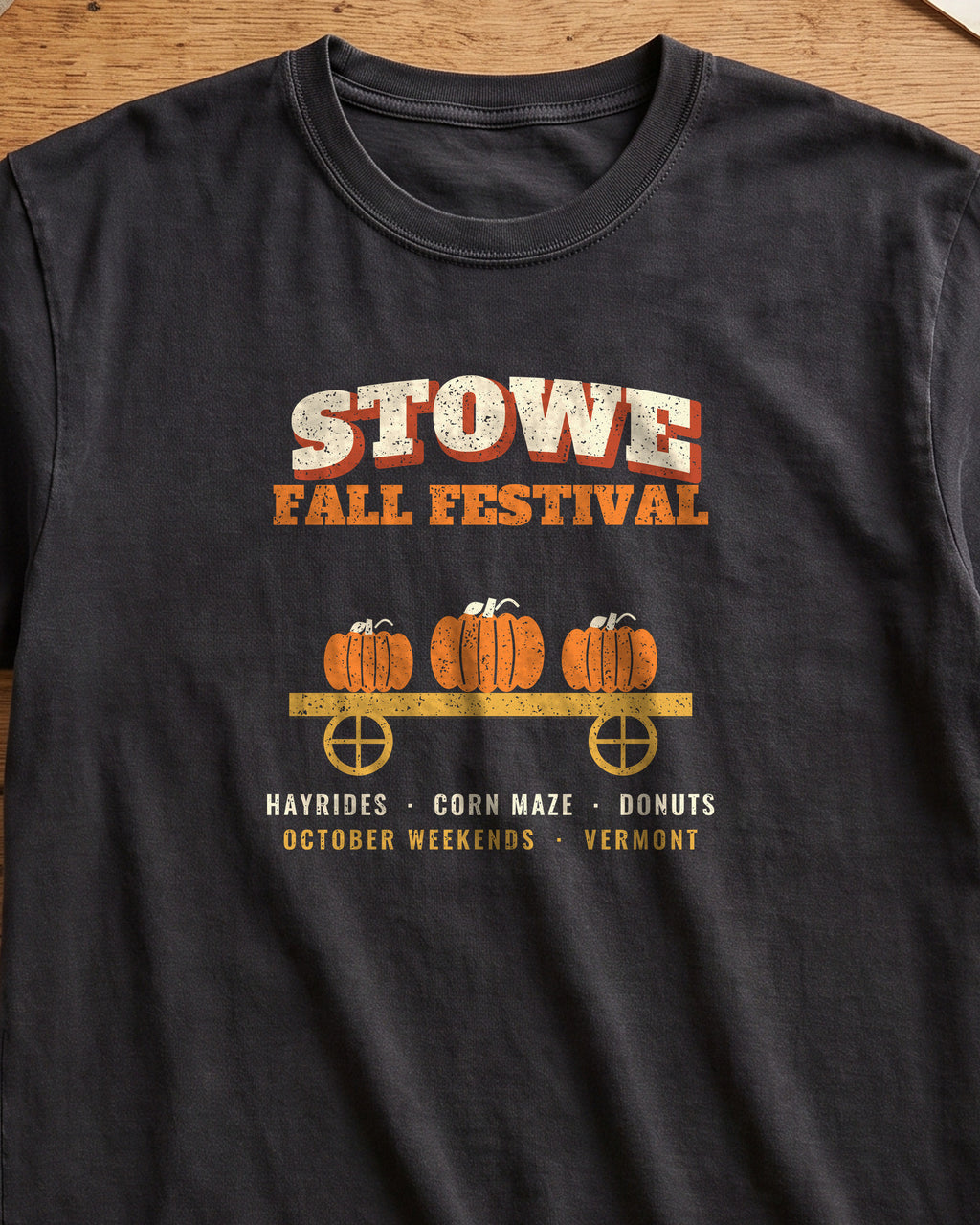 Stowe Vermont Fall Festival Hay Wagon T-Shirt (close-up)