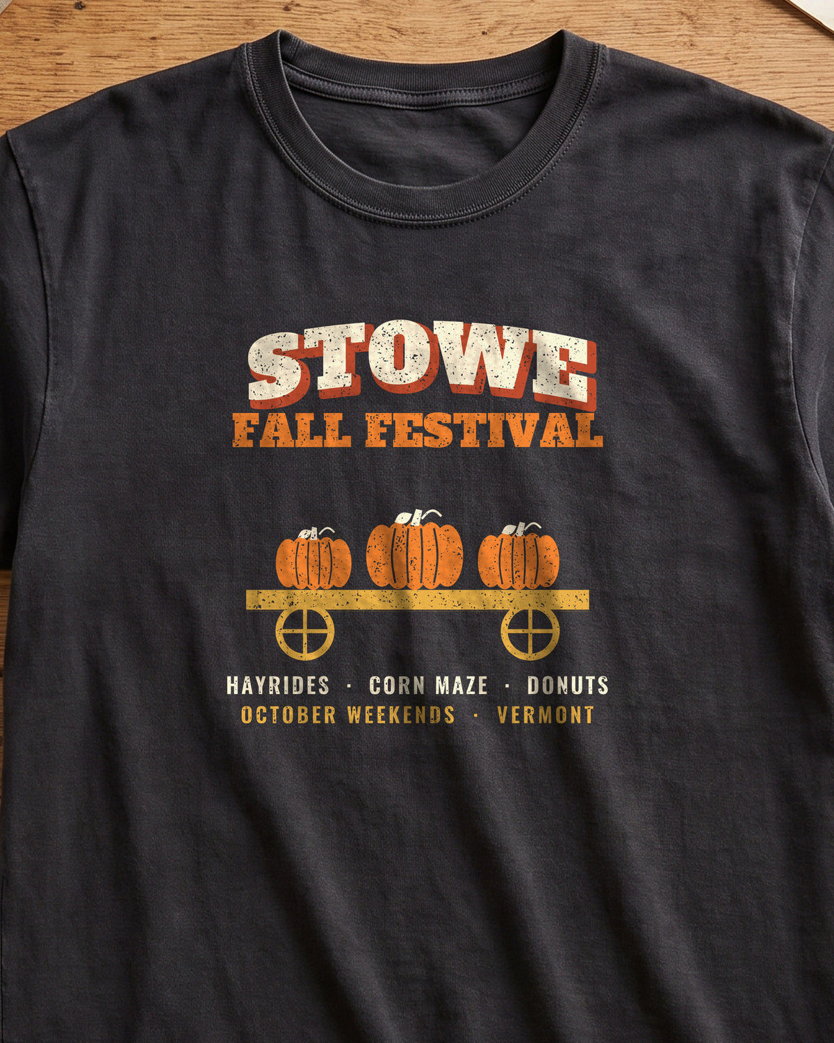 Stowe Vermont Fall Festival Hay Wagon T-Shirt (close-up)