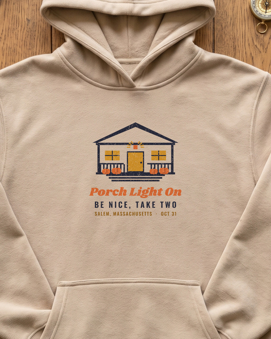 Porch Light On Salem Massachusetts Trick or Treat Hoodie (close-up)