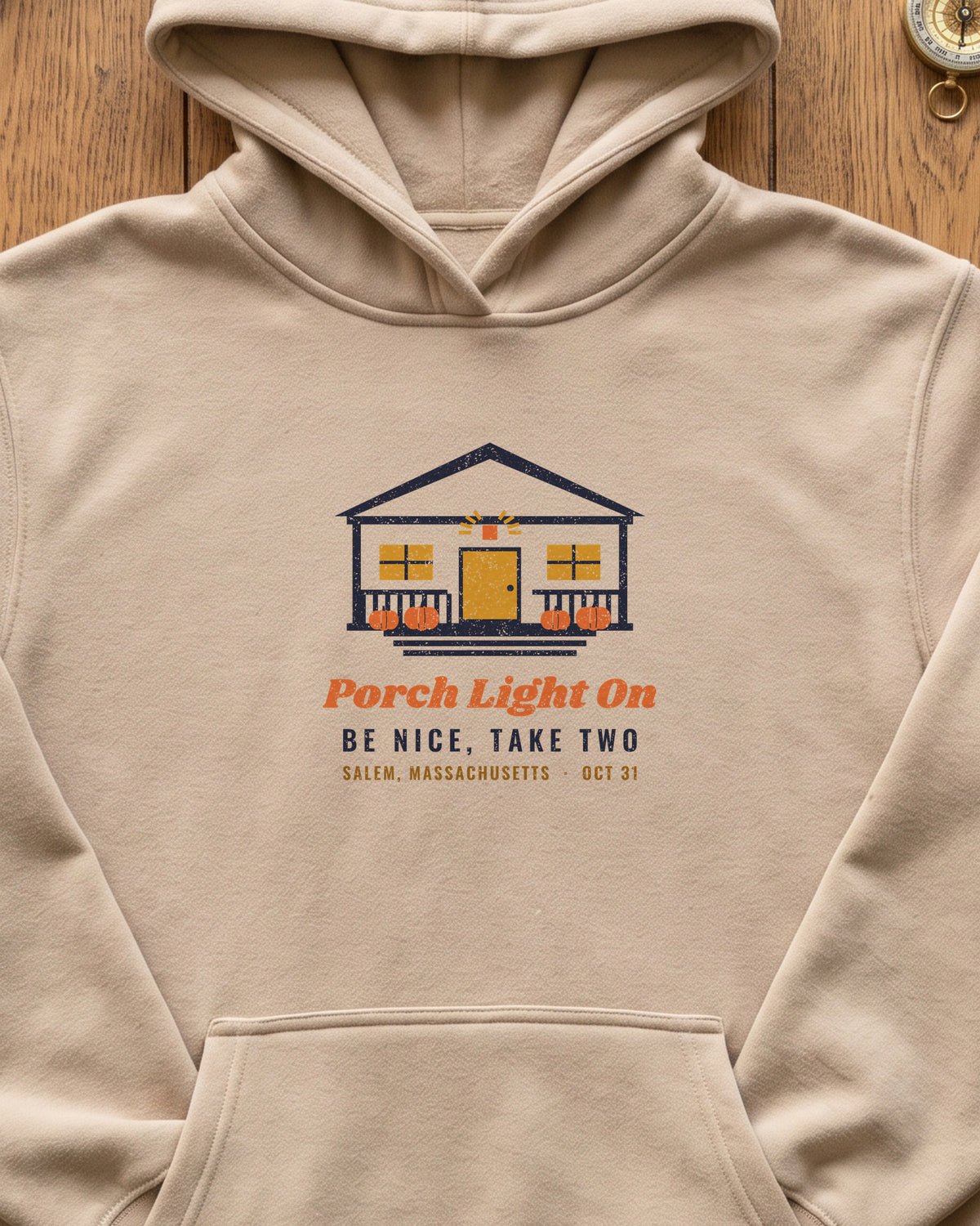 Porch Light On Salem Massachusetts Trick or Treat Hoodie (close-up)