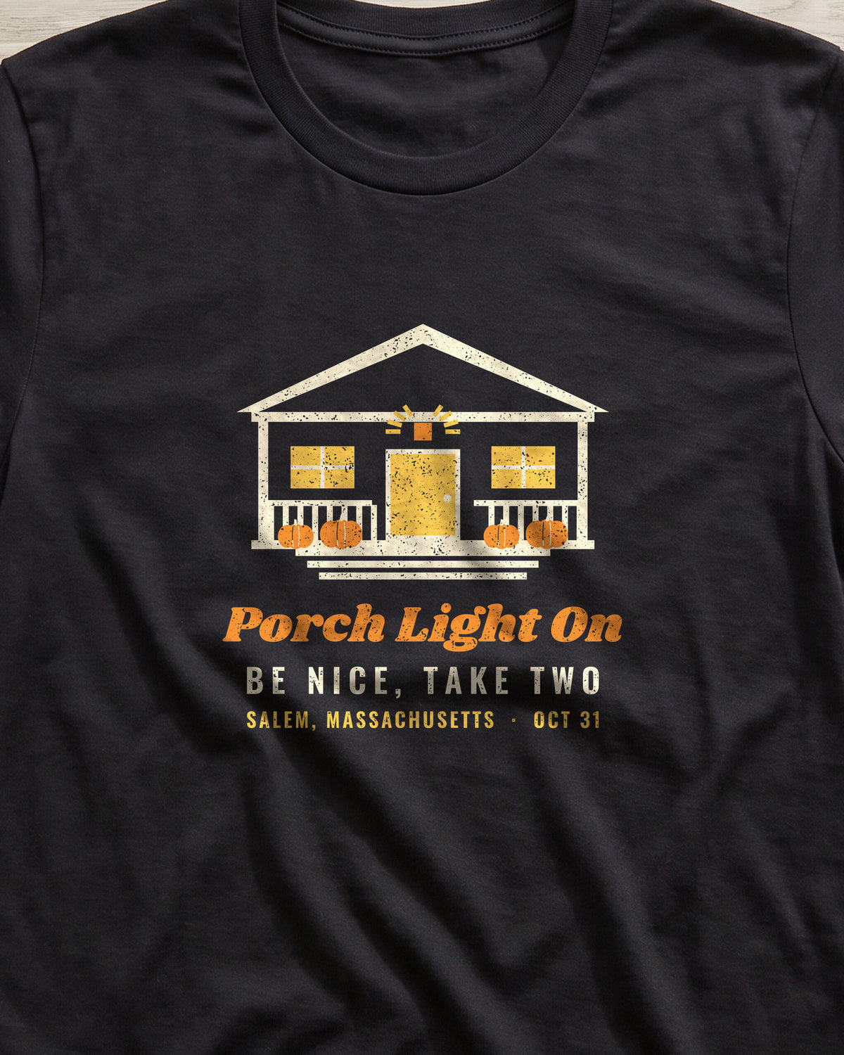 Porch Light On Salem Massachusetts Trick or Treat T-Shirt (close-up)