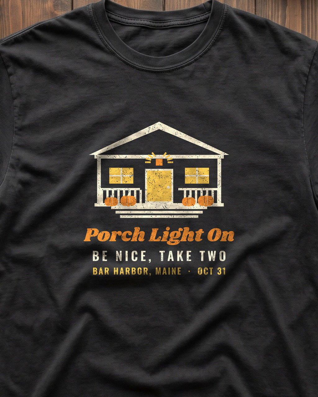 Porch Light On Bar Harbor Maine Trick or Treat T-Shirt (close-up)