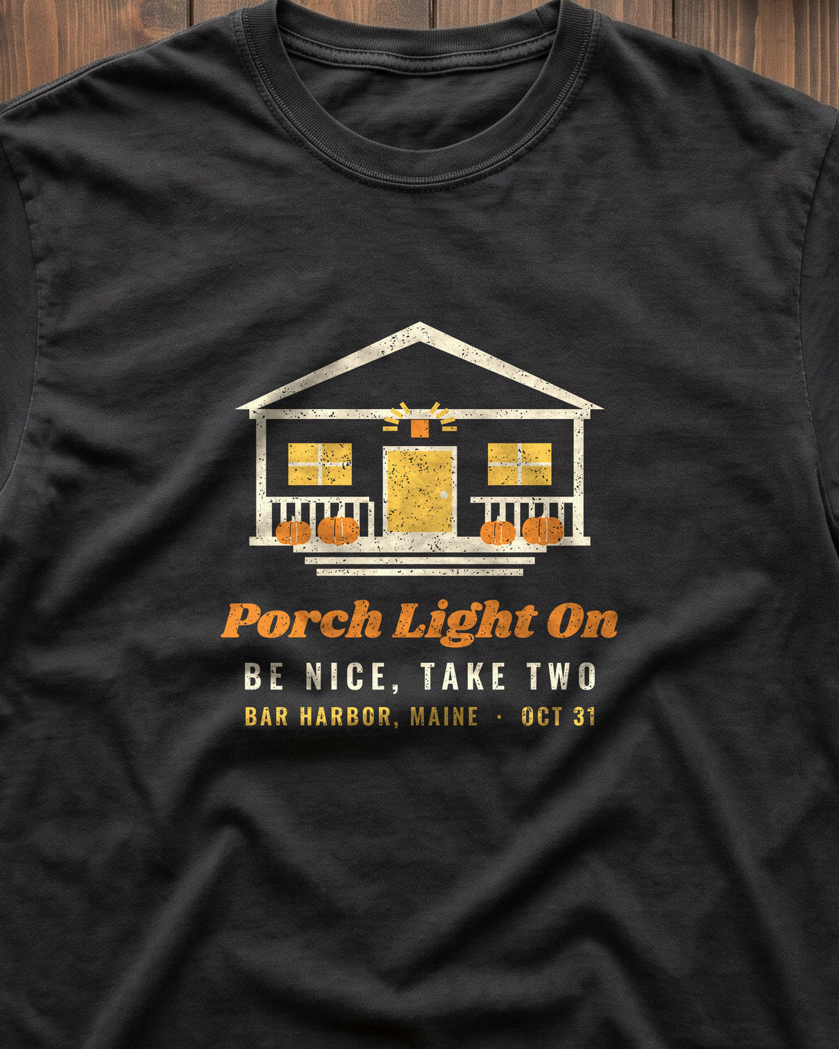 Porch Light On Bar Harbor Maine Trick or Treat T-Shirt (close-up)