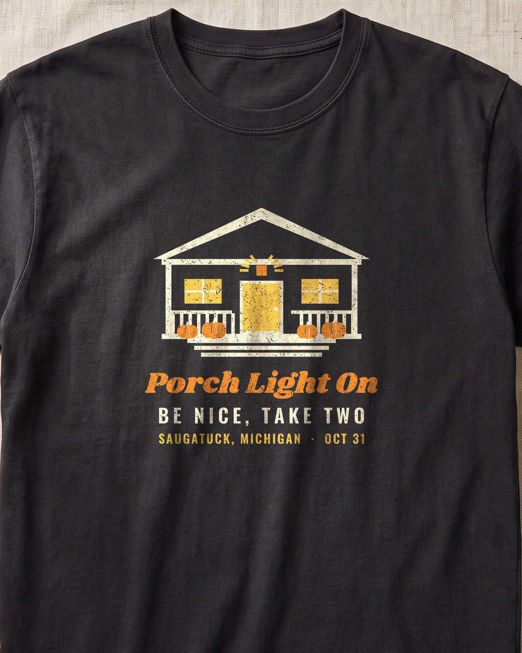Porch Light On Saugatuck Michigan Trick or Treat T-Shirt (close-up)