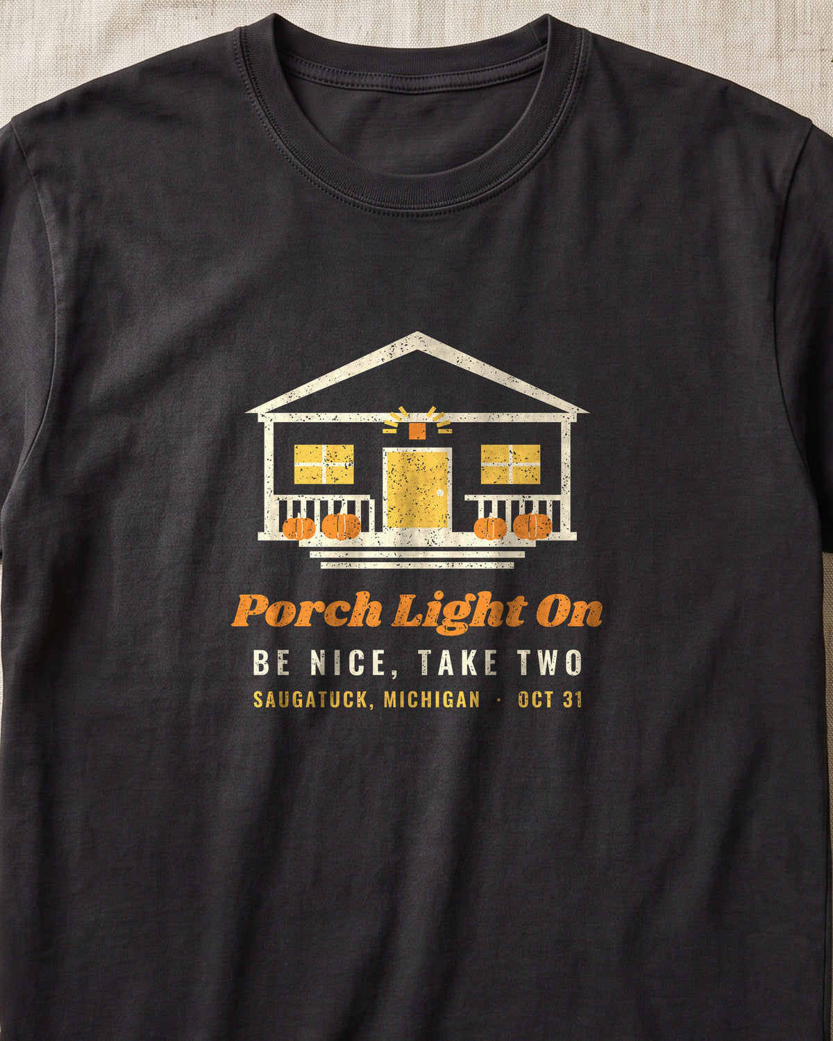 Porch Light On Saugatuck Michigan Trick or Treat T-Shirt (close-up)