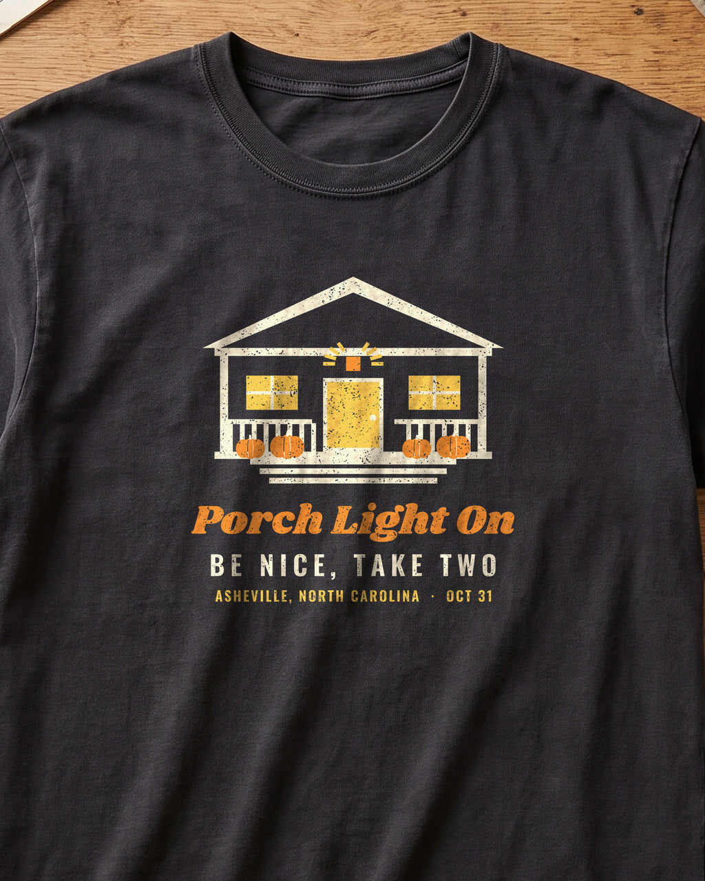 Porch Light On Asheville North Carolina Trick or Treat T-Shirt (close-up)