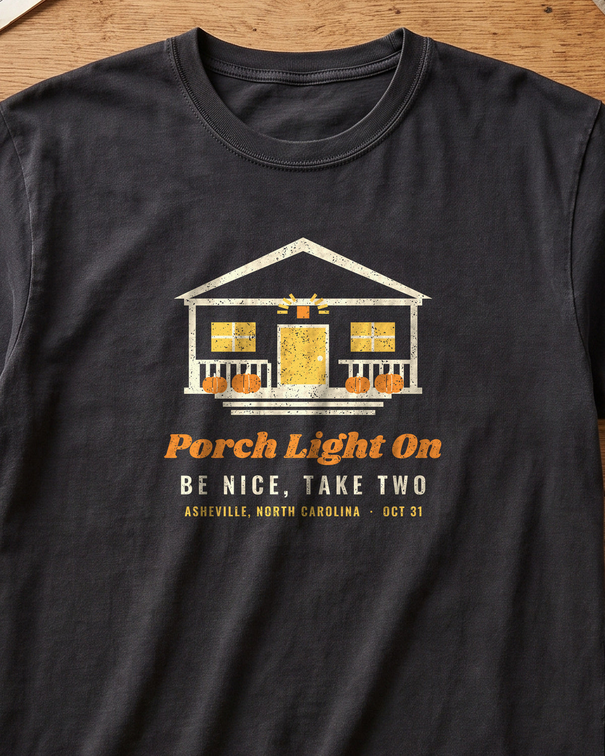 Porch Light On Asheville North Carolina Trick or Treat T-Shirt (close-up)