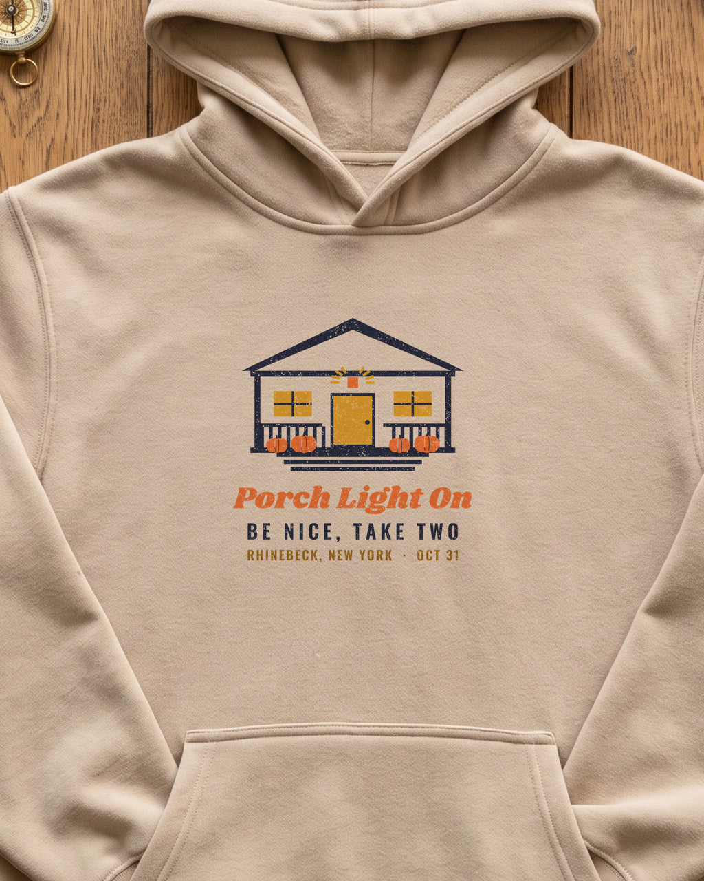 Porch Light On Rhinebeck New York Trick or Treat Hoodie (close-up)