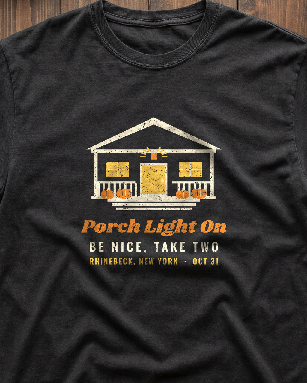 Porch Light On Rhinebeck New York Trick or Treat T-Shirt (close-up)