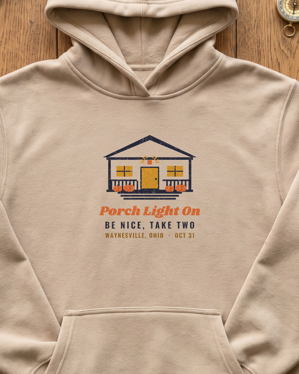 Porch Light On Waynesville Ohio Trick or Treat Hoodie (close-up)