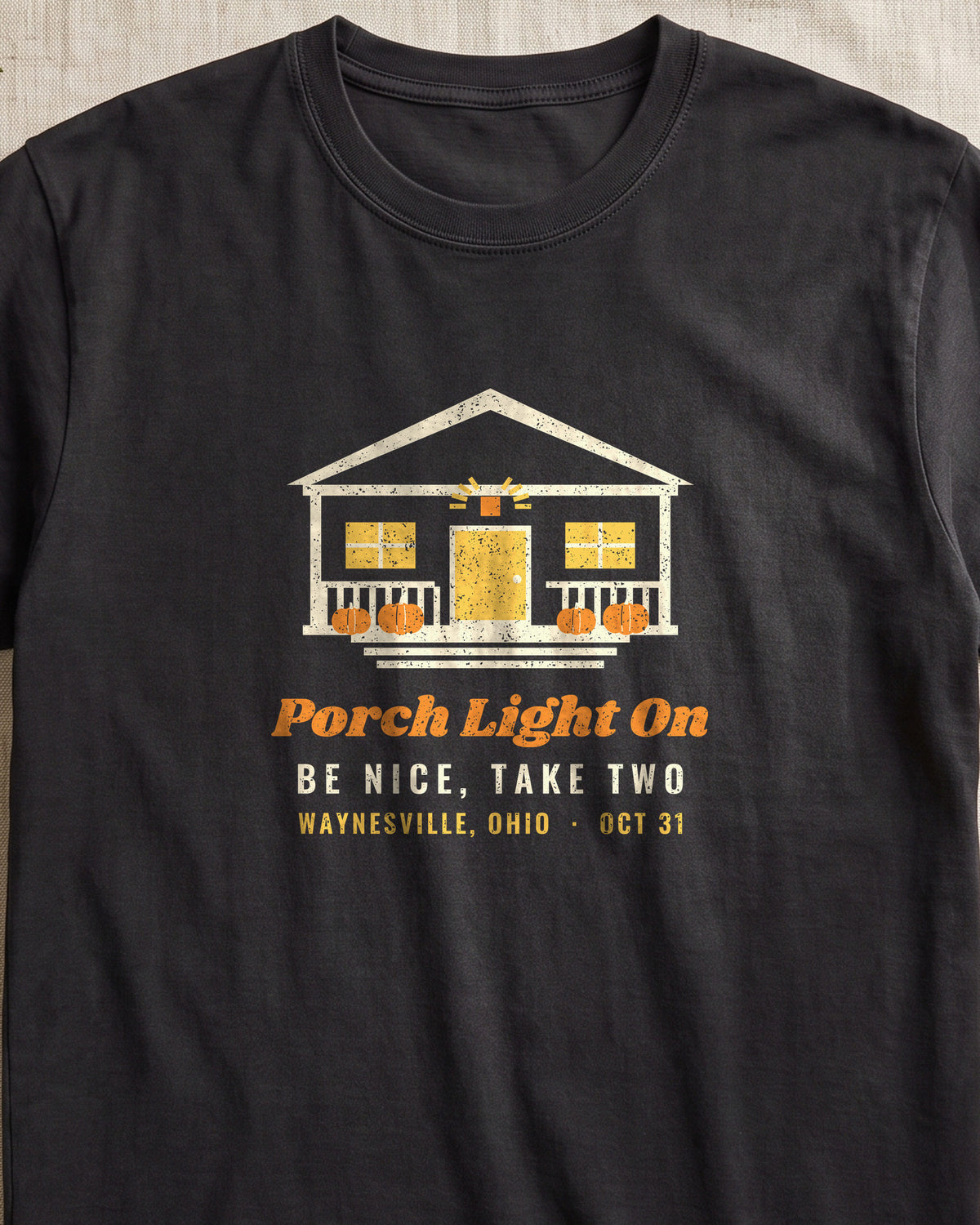 Porch Light On Waynesville Ohio Trick or Treat T-Shirt (close-up)