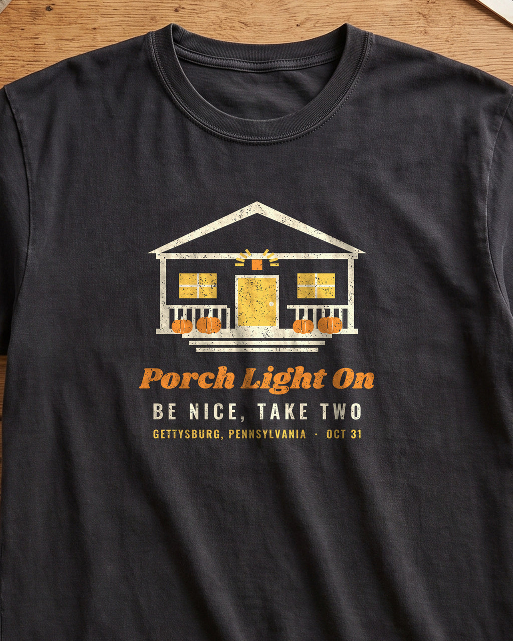 Porch Light On Gettysburg Pennsylvania Trick or Treat T-Shirt (close-up)