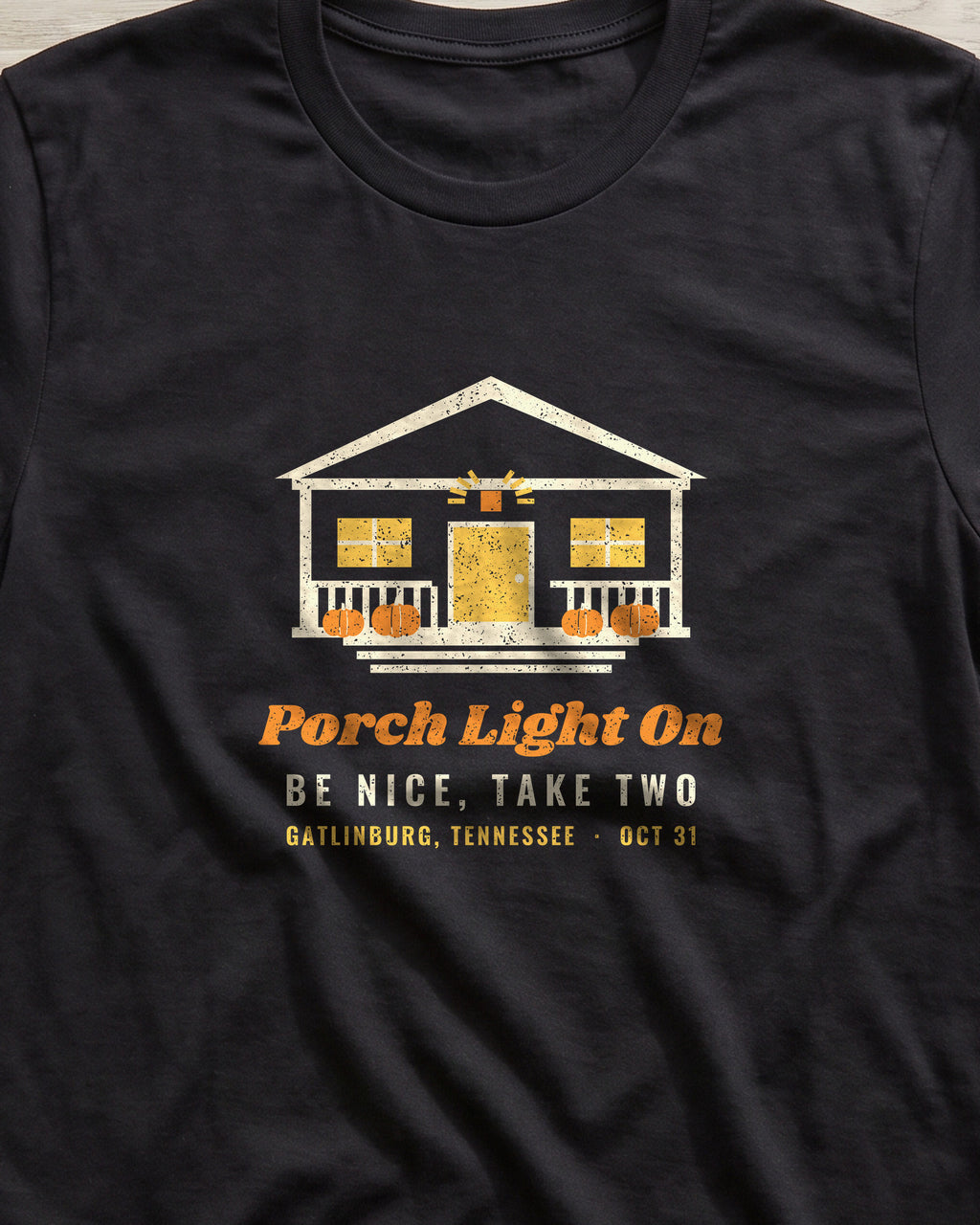Porch Light On Gatlinburg Tennessee Trick or Treat T-Shirt (close-up)