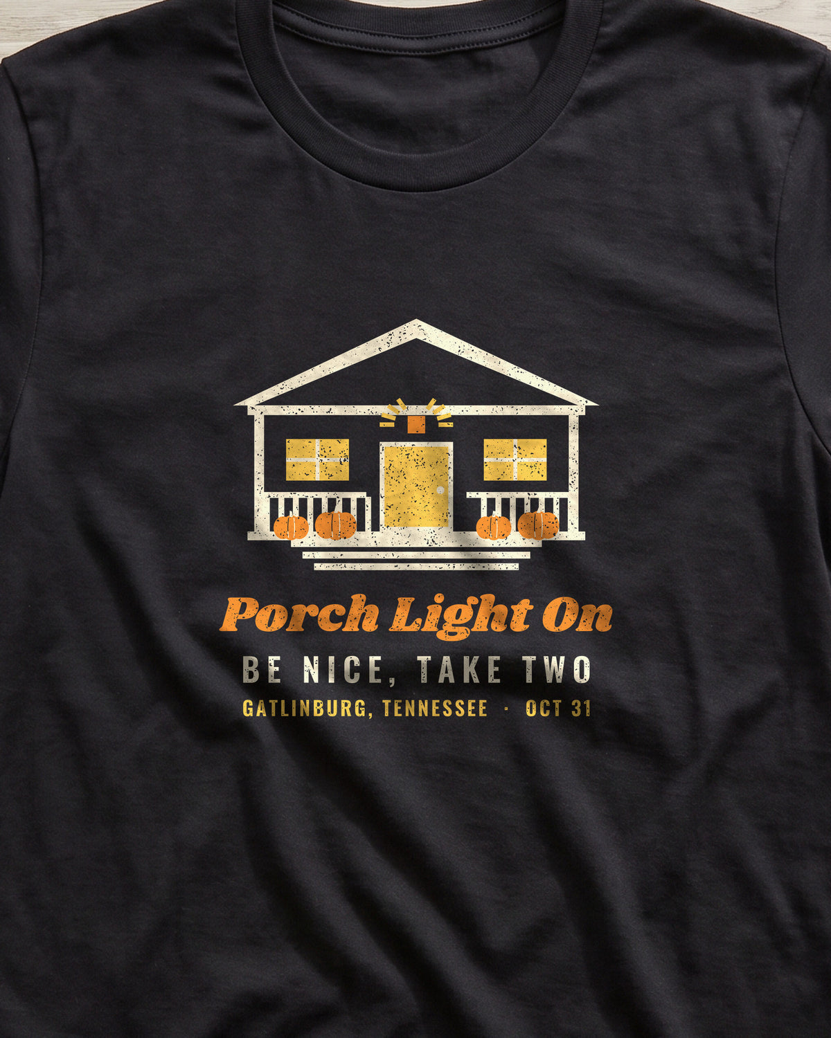 Porch Light On Gatlinburg Tennessee Trick or Treat T-Shirt (close-up)