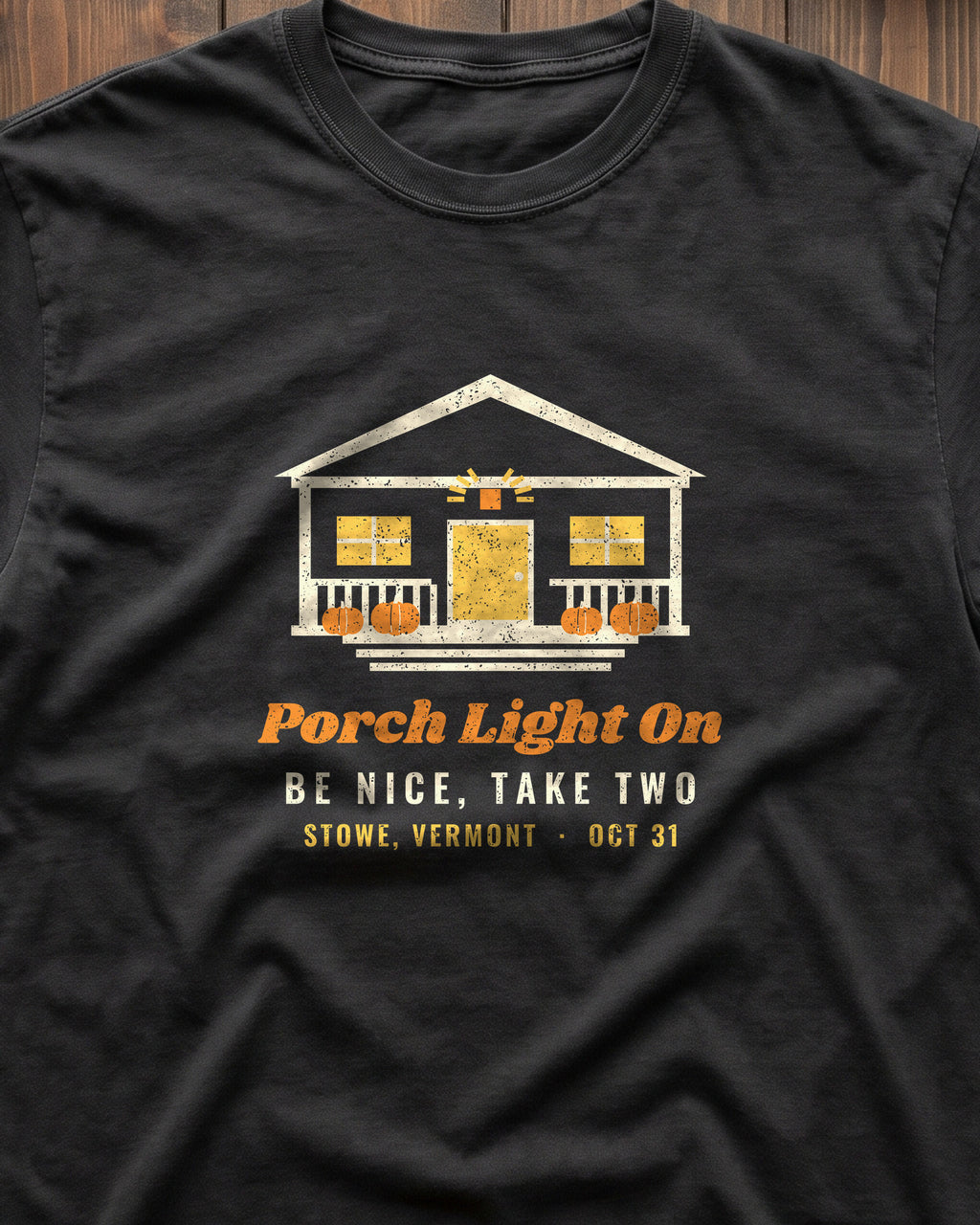 Porch Light On Stowe Vermont Trick or Treat T-Shirt (close-up)