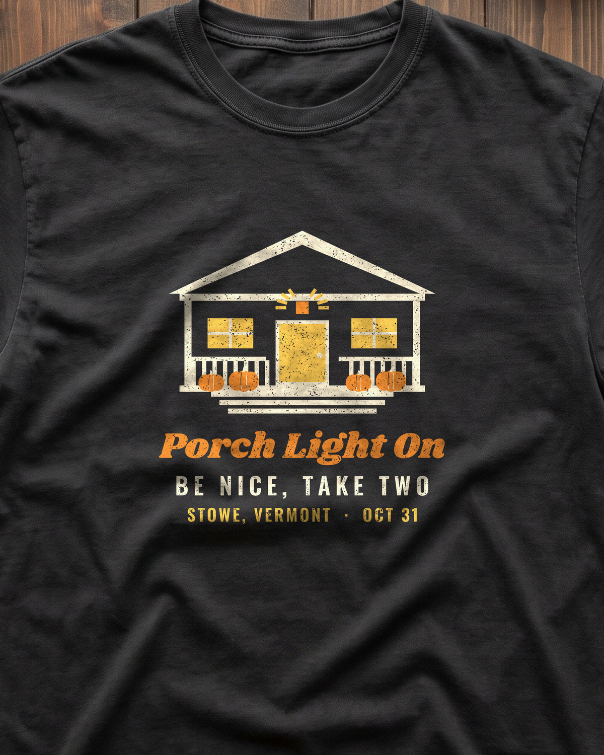 Porch Light On Stowe Vermont Trick or Treat T-Shirt (close-up)