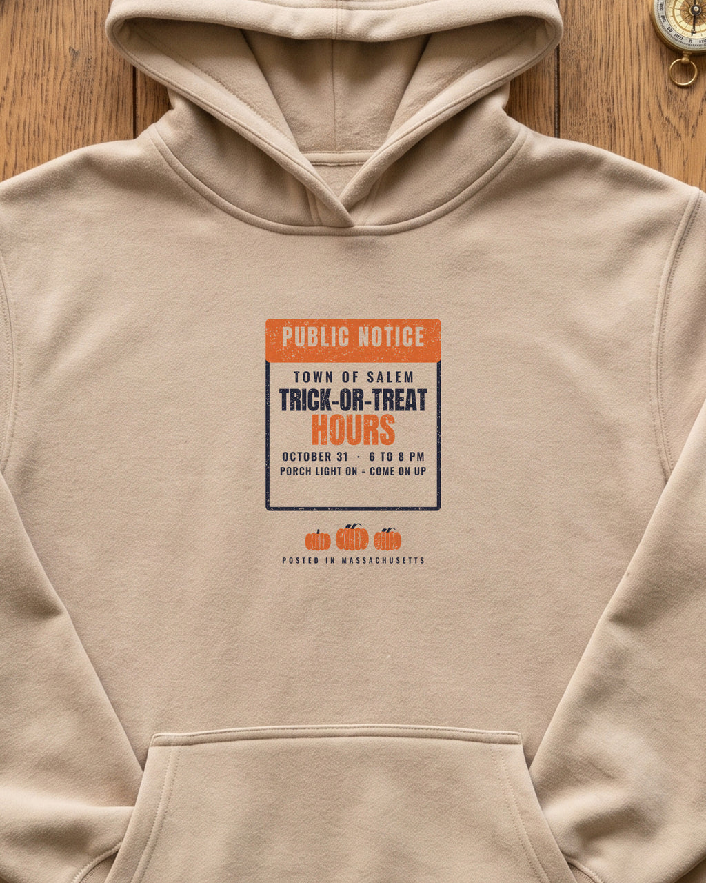 Salem Massachusetts Trick-or-Treat Hours Notice Hoodie (close-up)