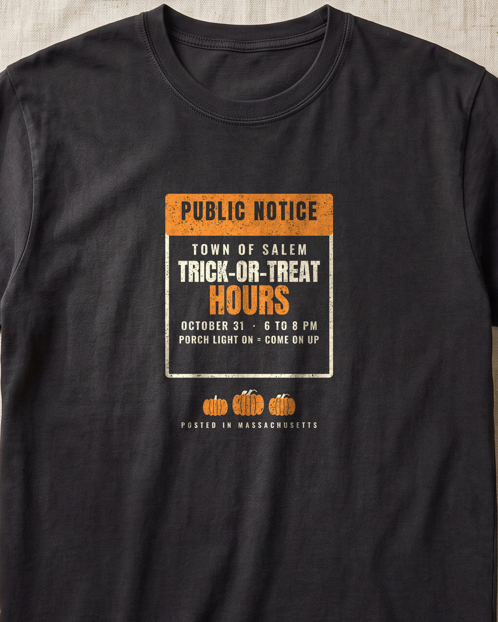 Salem Massachusetts Trick-or-Treat Hours Notice T-Shirt (close-up)