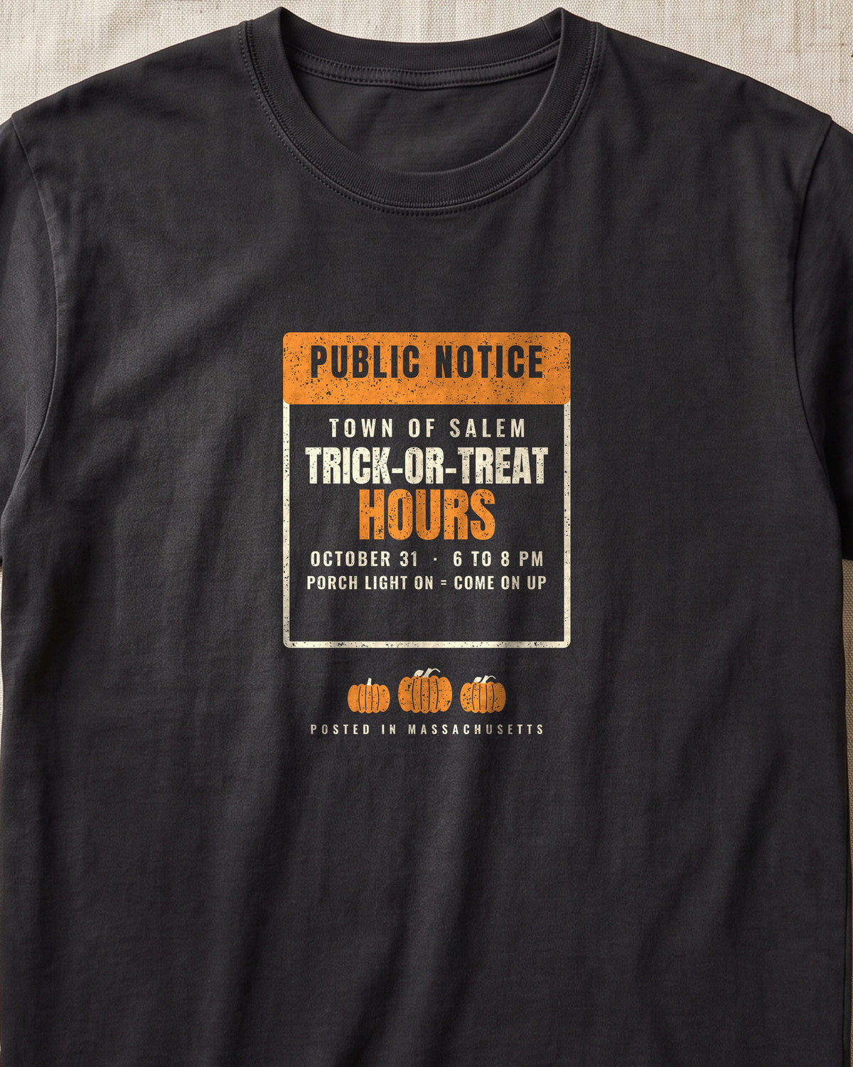 Salem Massachusetts Trick-or-Treat Hours Notice T-Shirt (close-up)