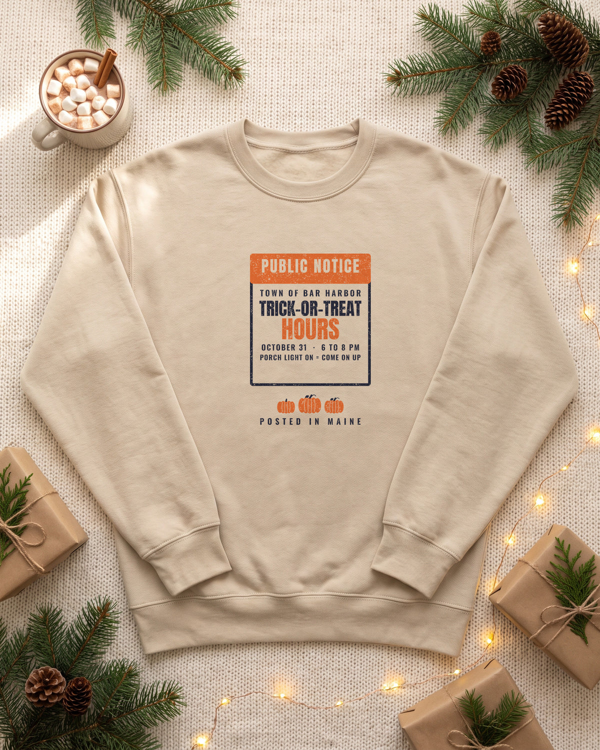 Bar Harbor Maine Trick-or-Treat Hours Notice Crewneck Sweatshirt (photo)