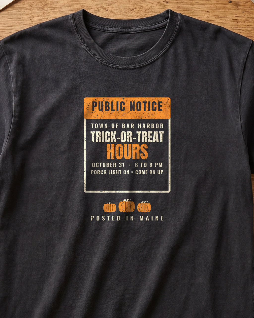 Bar Harbor Maine Trick-or-Treat Hours Notice T-Shirt (close-up)