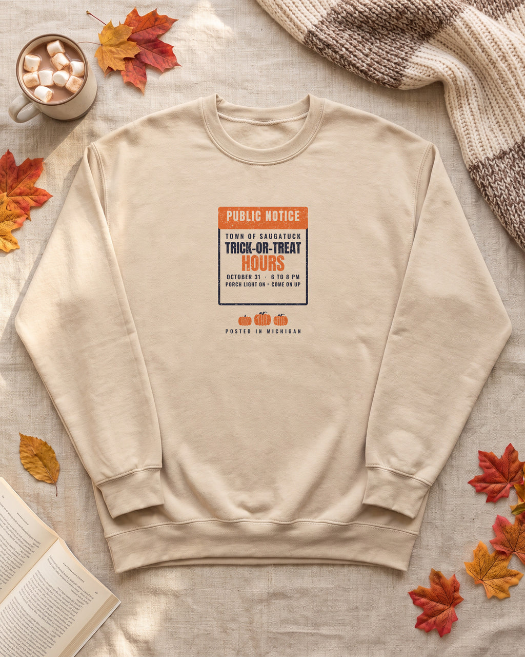 Saugatuck Michigan Trick-or-Treat Hours Notice Crewneck Sweatshirt (photo)