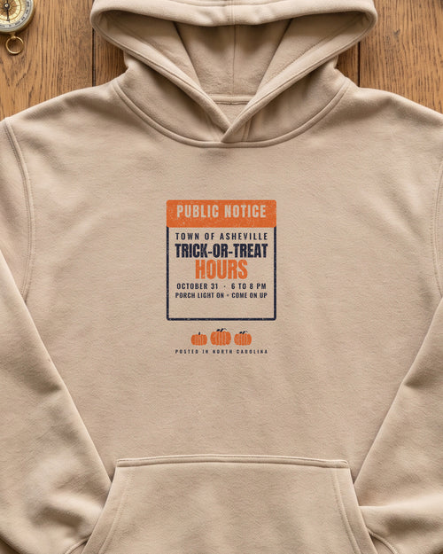 Asheville North Carolina Trick-or-Treat Hours Notice Hoodie (close-up)