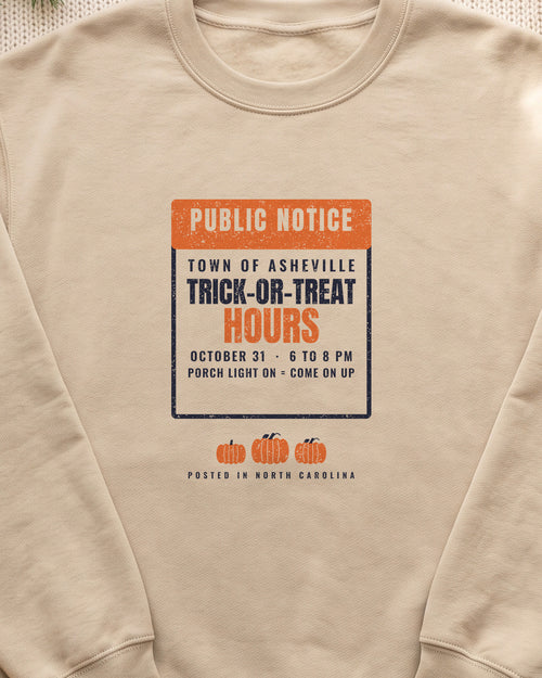 Asheville North Carolina Trick-or-Treat Hours Notice Crewneck Sweatshirt (close-up)