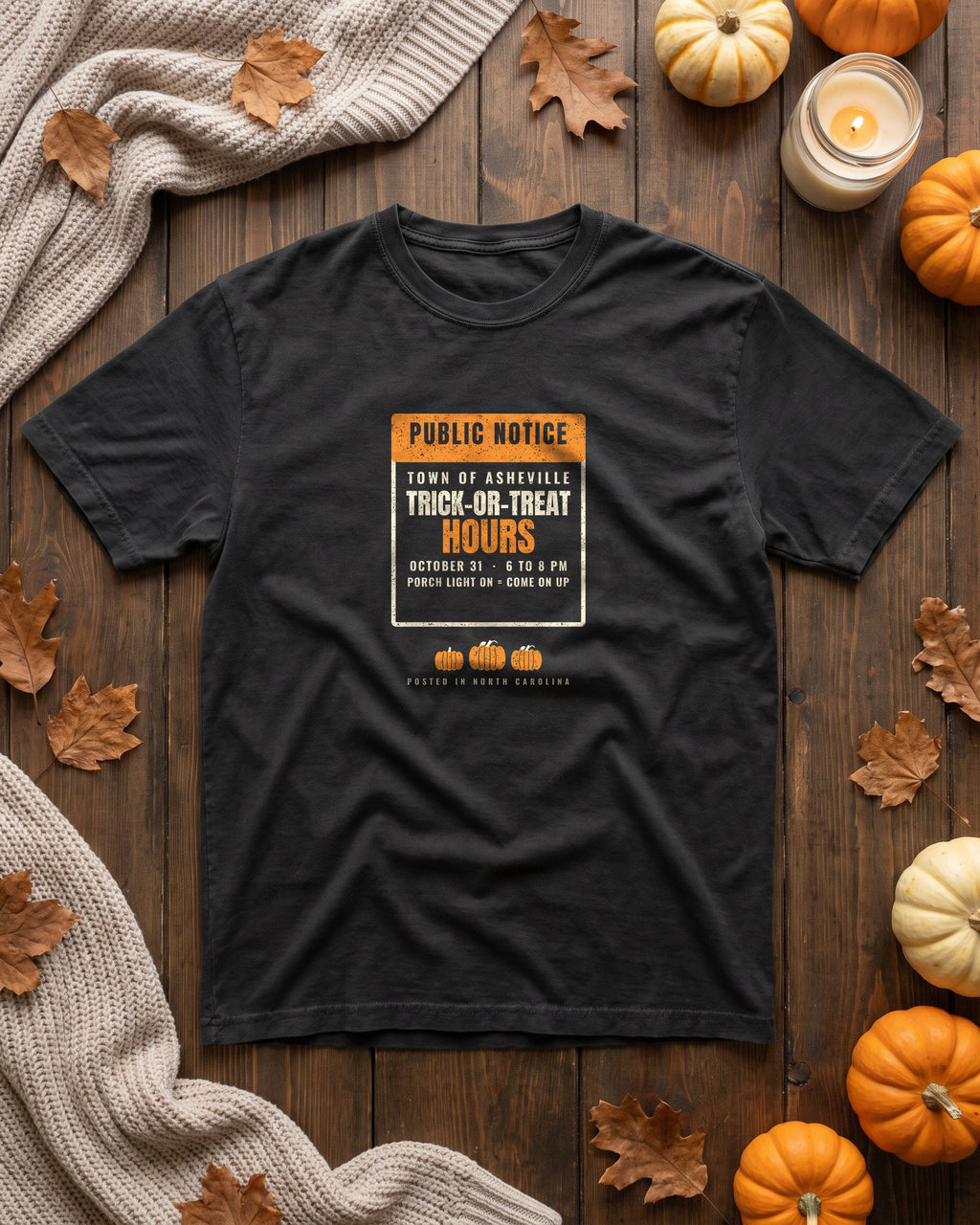 Asheville North Carolina Trick-or-Treat Hours Notice T-Shirt (photo)