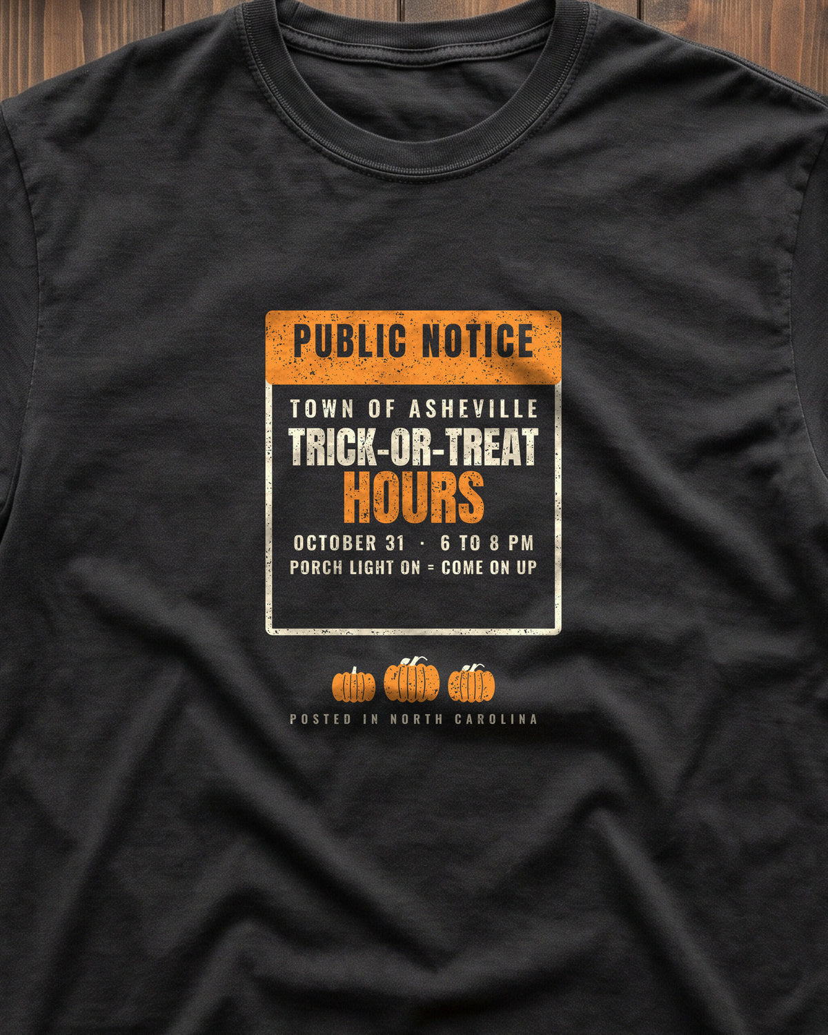 Asheville North Carolina Trick-or-Treat Hours Notice T-Shirt (close-up)