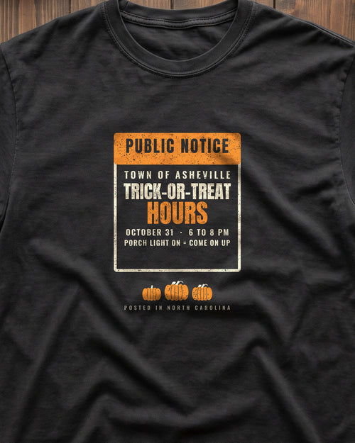 Asheville North Carolina Trick-or-Treat Hours Notice T-Shirt (close-up)