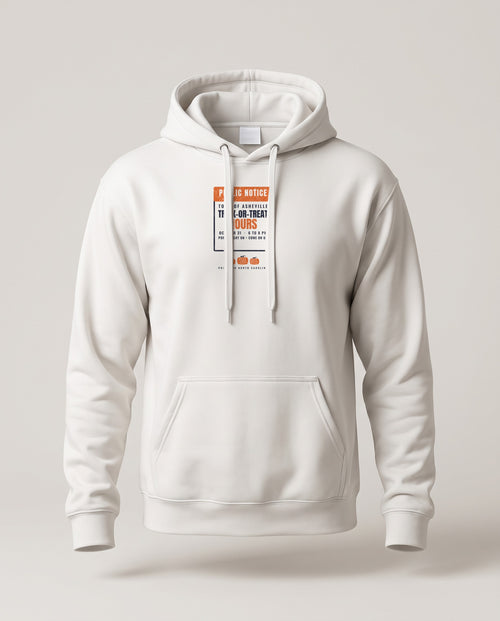 Asheville North Carolina Trick-or-Treat Hours Notice Hoodie — White (mockup)