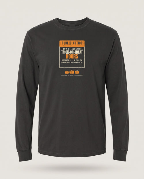 Asheville North Carolina Trick-or-Treat Hours Notice Long Sleeve Tee — Black (mockup)