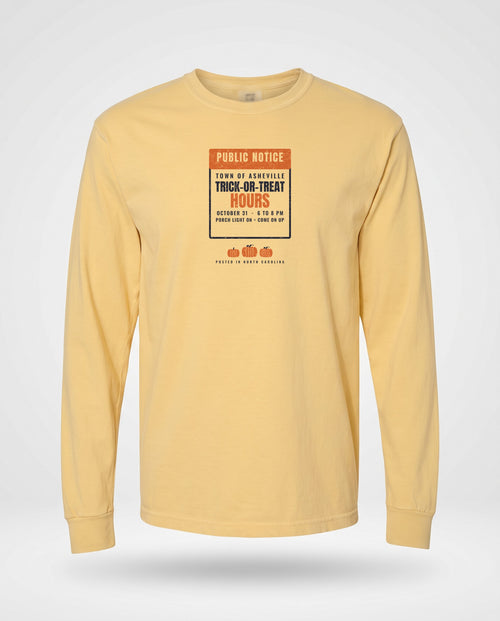Asheville North Carolina Trick-or-Treat Hours Notice Long Sleeve Tee — Butter (mockup)