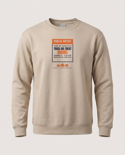 Asheville North Carolina Trick-or-Treat Hours Notice Crewneck Sweatshirt — Sand (mockup)