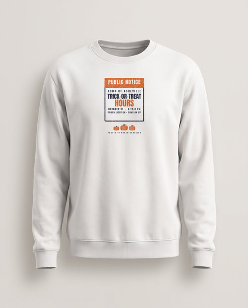 Asheville North Carolina Trick-or-Treat Hours Notice Crewneck Sweatshirt — White (mockup)