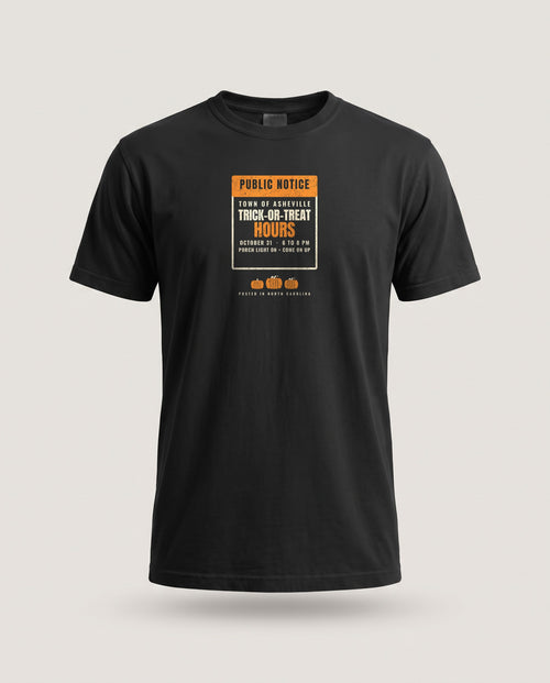 Asheville North Carolina Trick-or-Treat Hours Notice T-Shirt — Black (mockup)