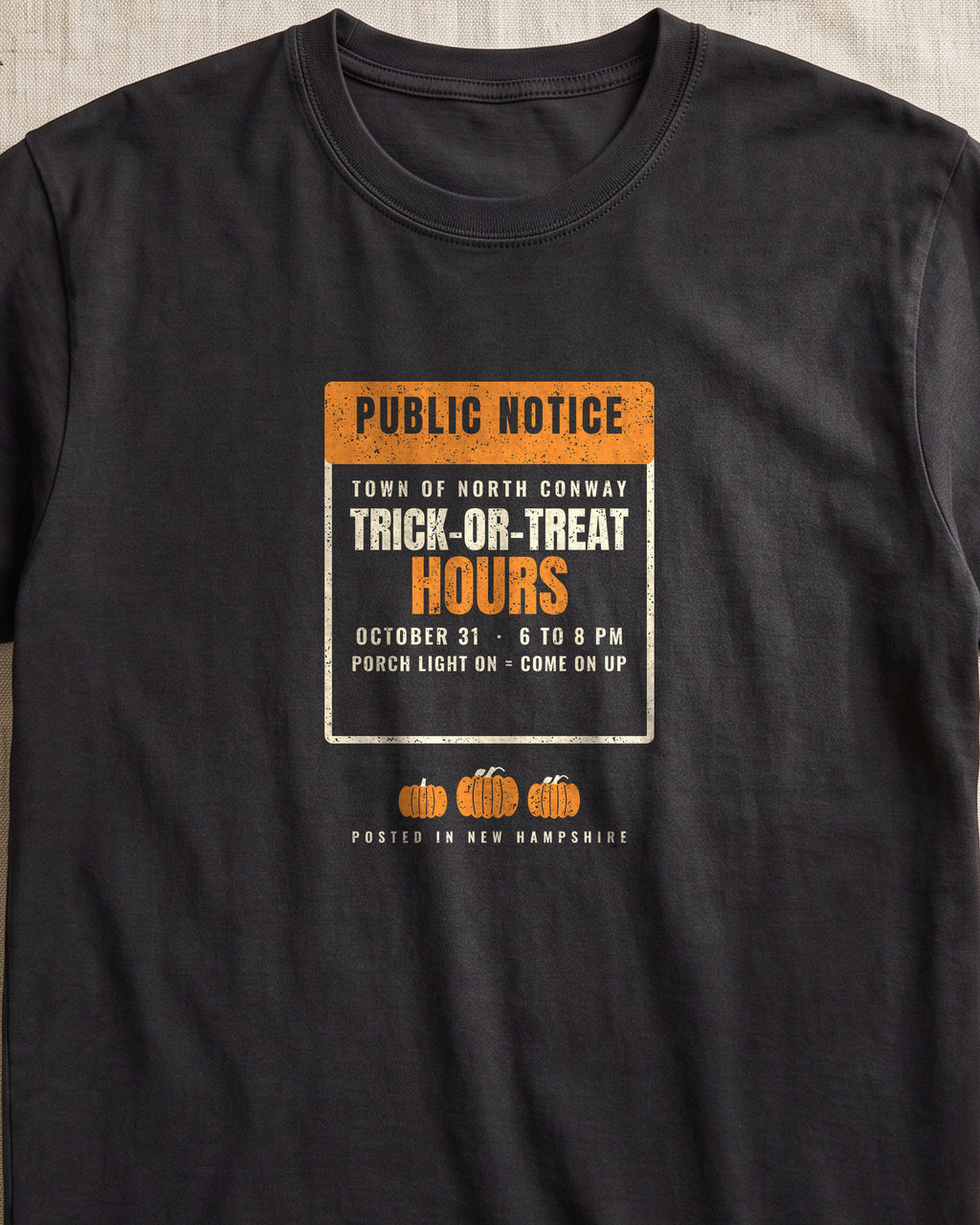 North Conway New Hampshire Trick-or-Treat Hours Notice T-Shirt (close-up)