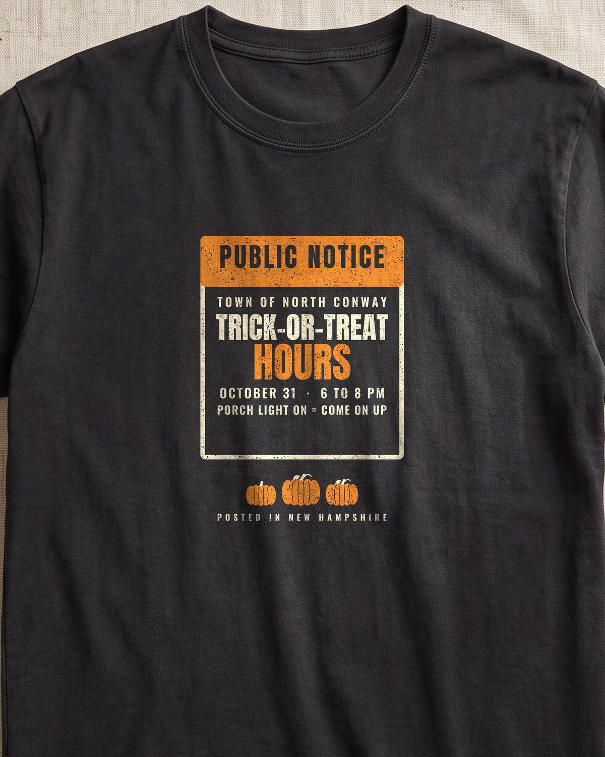 North Conway New Hampshire Trick-or-Treat Hours Notice T-Shirt (close-up)