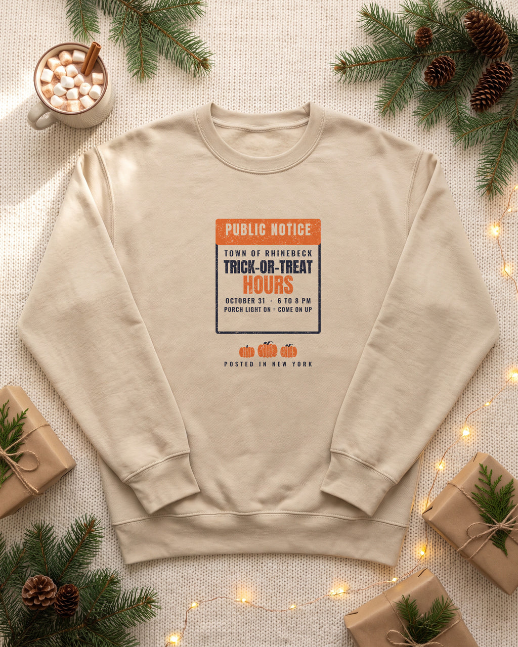Rhinebeck New York Trick-or-Treat Hours Notice Crewneck Sweatshirt (photo)