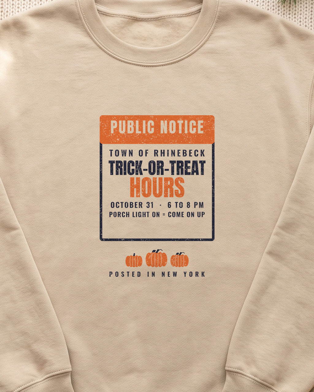 Rhinebeck New York Trick-or-Treat Hours Notice Crewneck Sweatshirt (close-up)