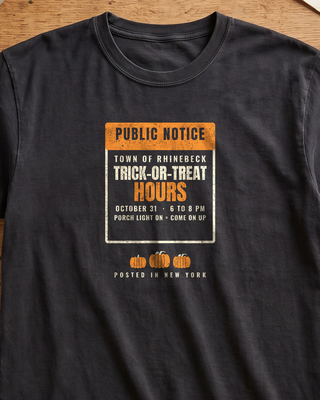 Rhinebeck New York Trick-or-Treat Hours Notice T-Shirt (close-up)