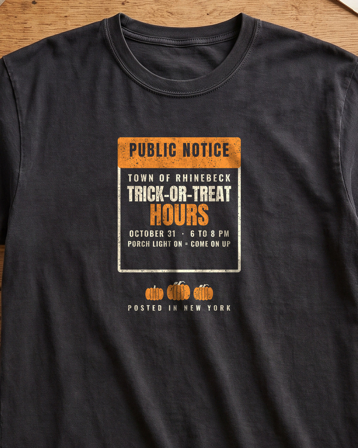Rhinebeck New York Trick-or-Treat Hours Notice T-Shirt (close-up)