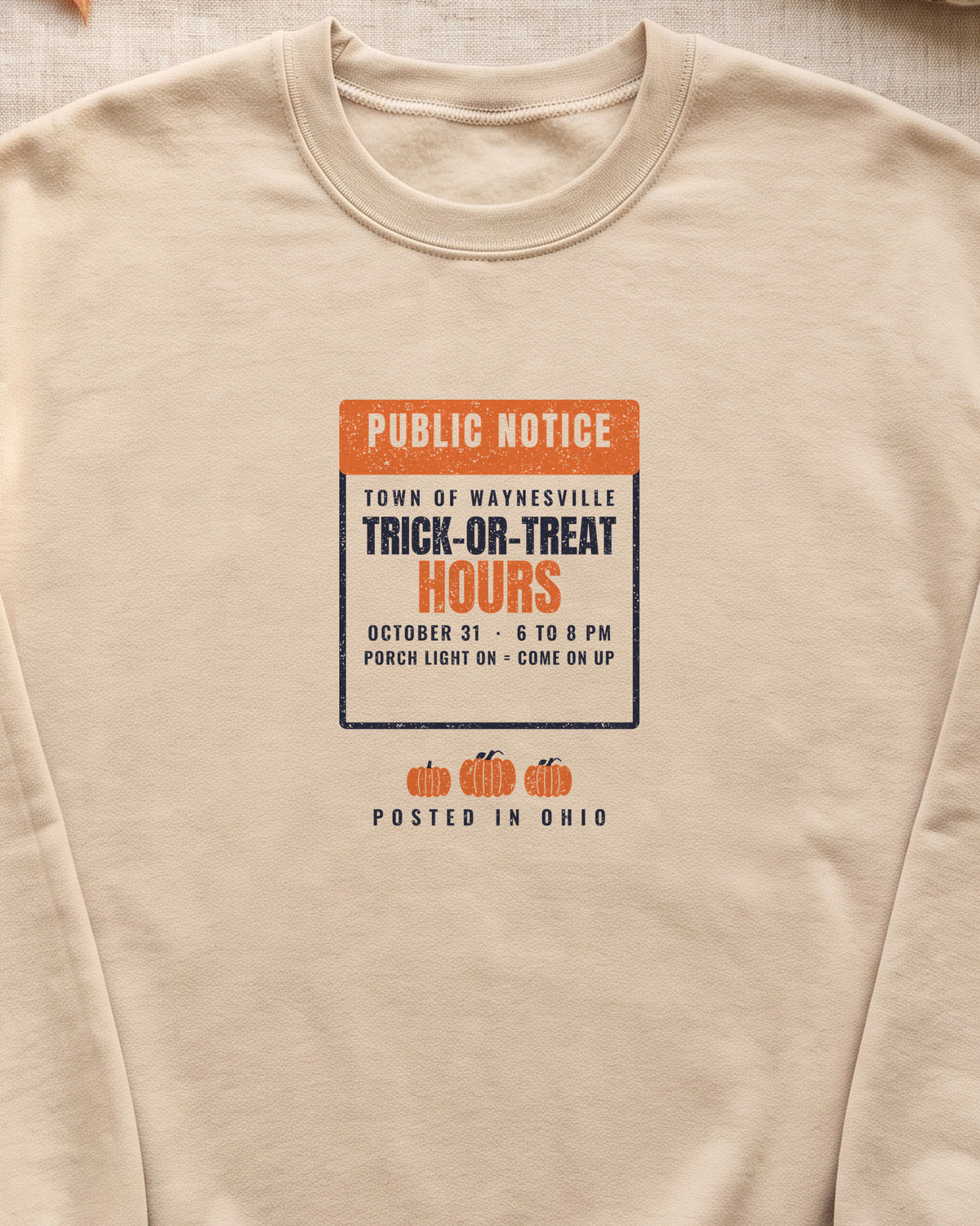 Waynesville Ohio Trick-or-Treat Hours Notice Crewneck Sweatshirt (close-up)