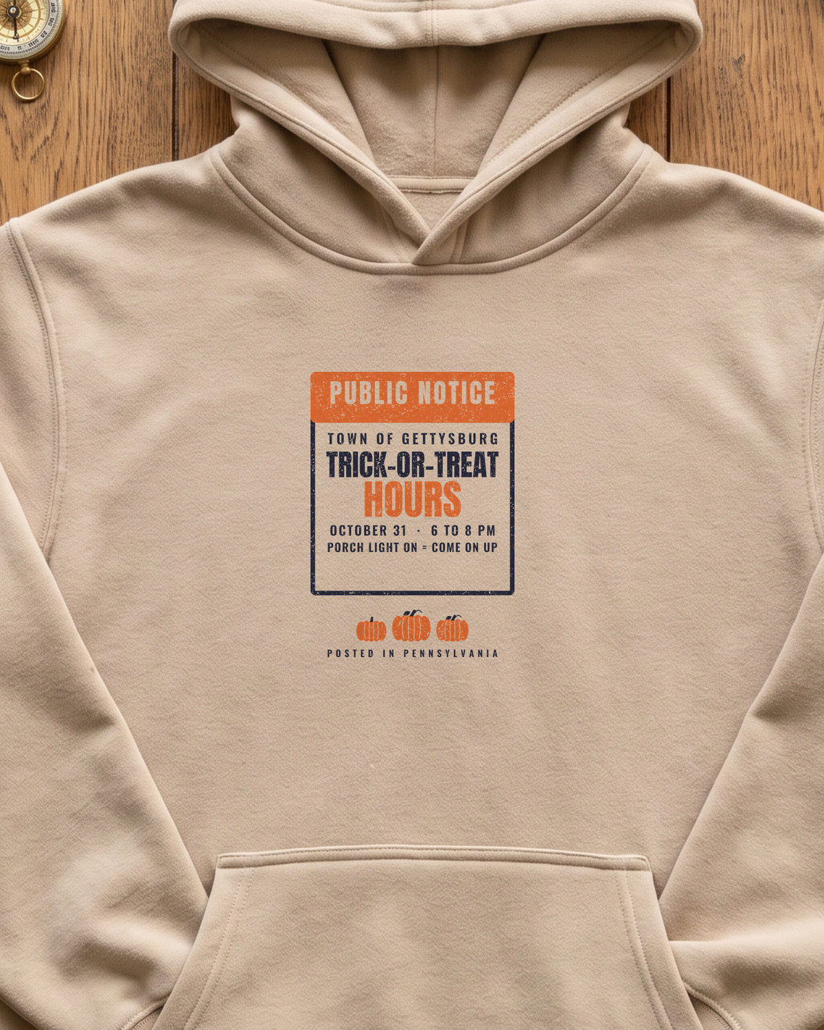 Gettysburg Pennsylvania Trick-or-Treat Hours Notice Hoodie (close-up)
