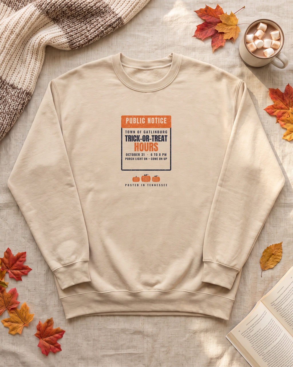 Gatlinburg Tennessee Trick-or-Treat Hours Notice Crewneck Sweatshirt (photo)