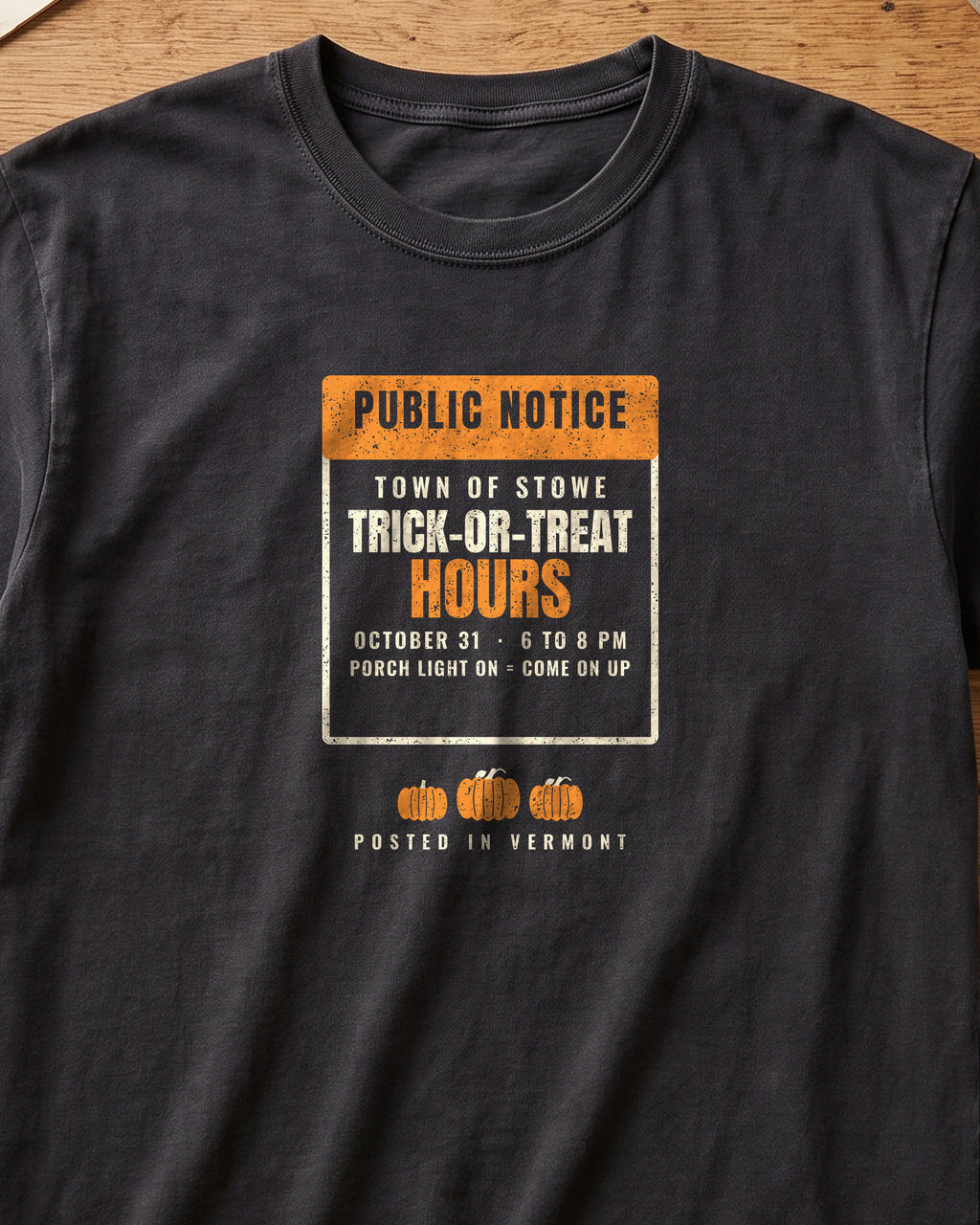 Stowe Vermont Trick-or-Treat Hours Notice T-Shirt (close-up)