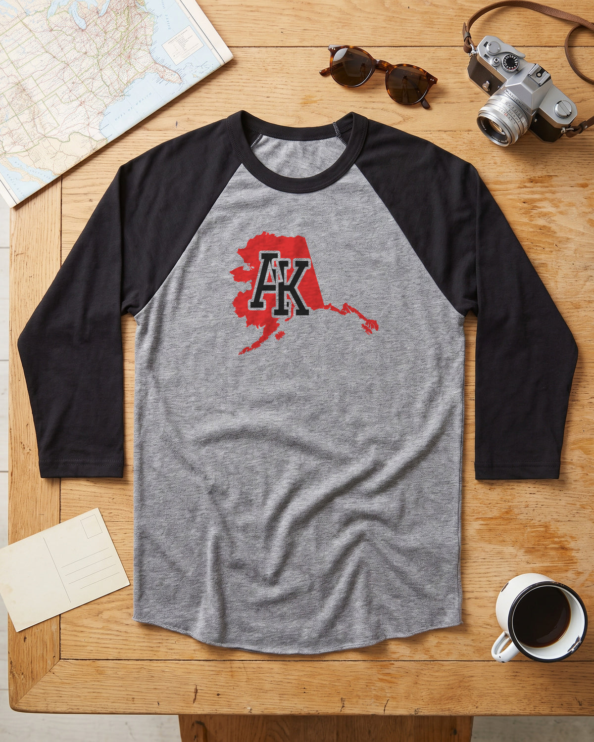 Alaska Varsity Monogram Map Raglan 3/4 Sleeve Tee (photo)
