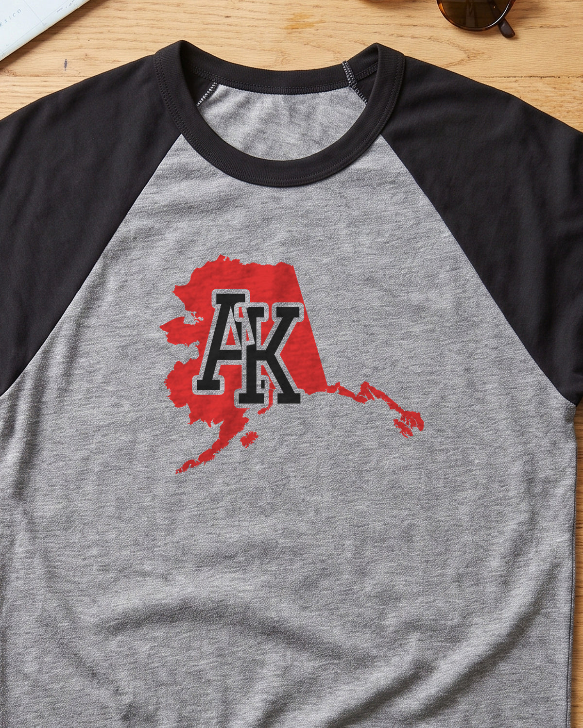 Alaska Varsity Monogram Map Raglan 3/4 Sleeve Tee (close-up)